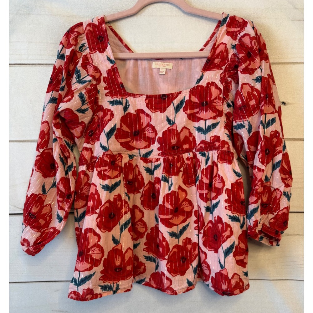 Pink Chicken New York Red Poppy Floral Lurex Babydoll Top Womens Small Pink Gold